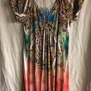 ONE WORLD Blue and Tan Dress